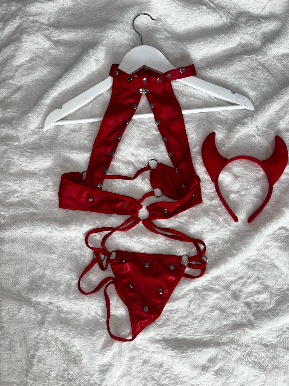 Princess Polly Red Studded Satin Lingerie Set with Devil Horn Headband